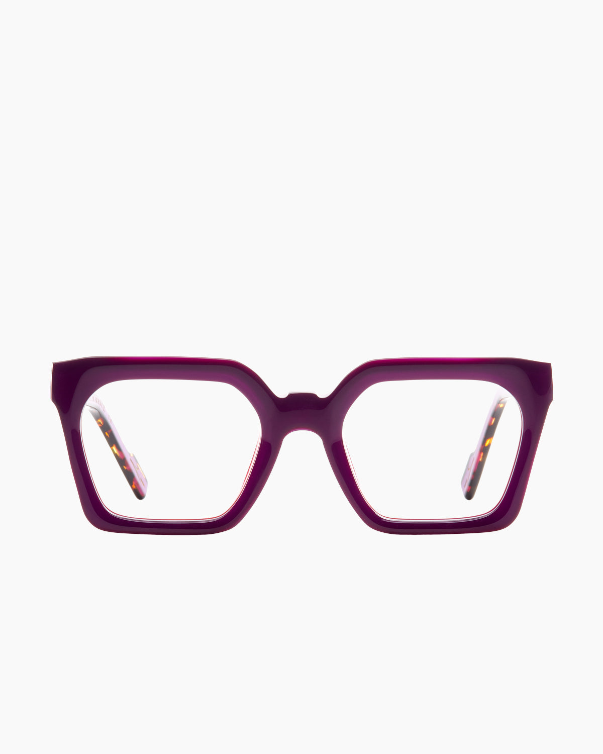 purple plastic rectangle eyeglasses by Xavier Derome model , front view, lunettes de vue violet rectangle
