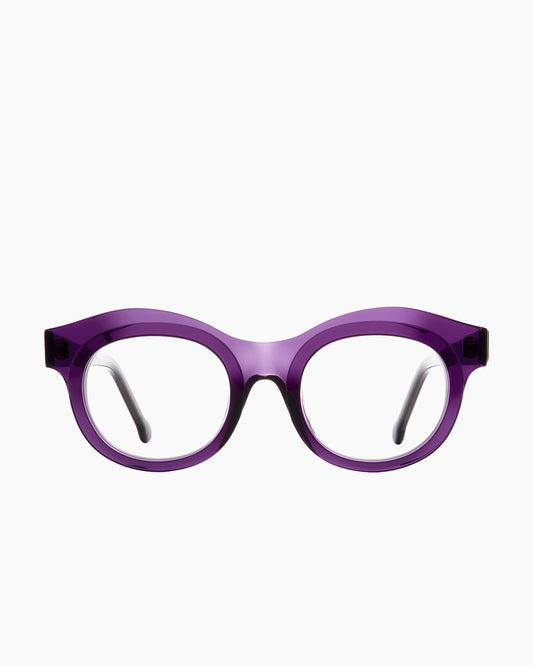 purple plastic round eyeglasses by Marie-Sophie Dion model Bibaud, front view, lunettes de vue rond couleur violet