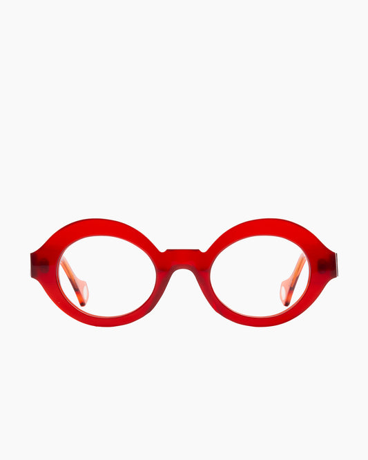 red plastic oval eyeglasses by Anne et Valentin model Boca, front view, lunettes de vue ovale couleur rouge