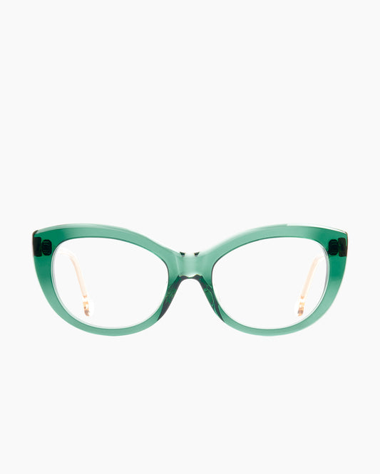green plastic cat eyeglasses by Marie-Sophie Dion model Abid, front view, lunettes de vue chat couleur vert