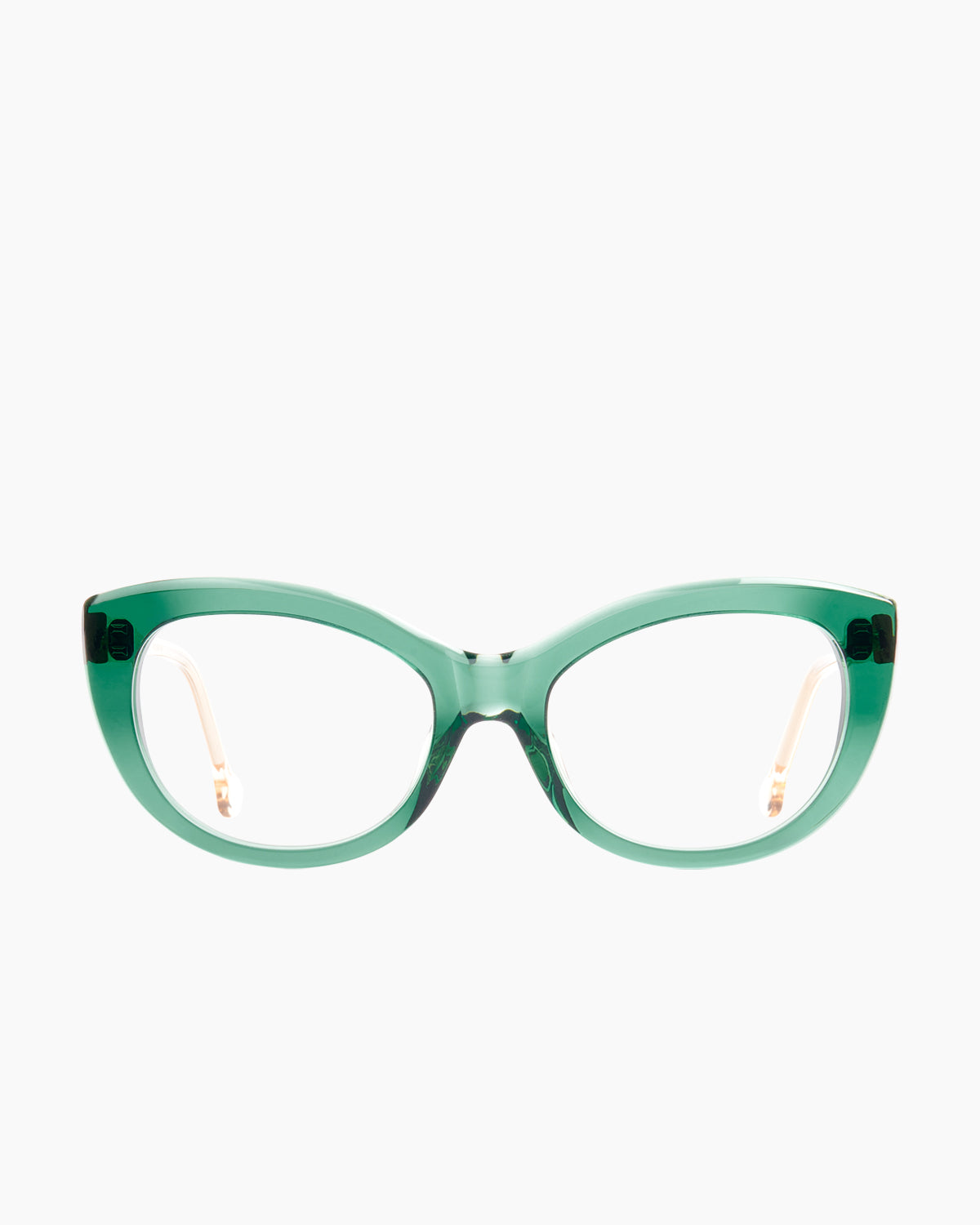 green plastic cat eyeglasses by Marie-Sophie Dion model Abid, front view, lunettes de vue chat couleur vert