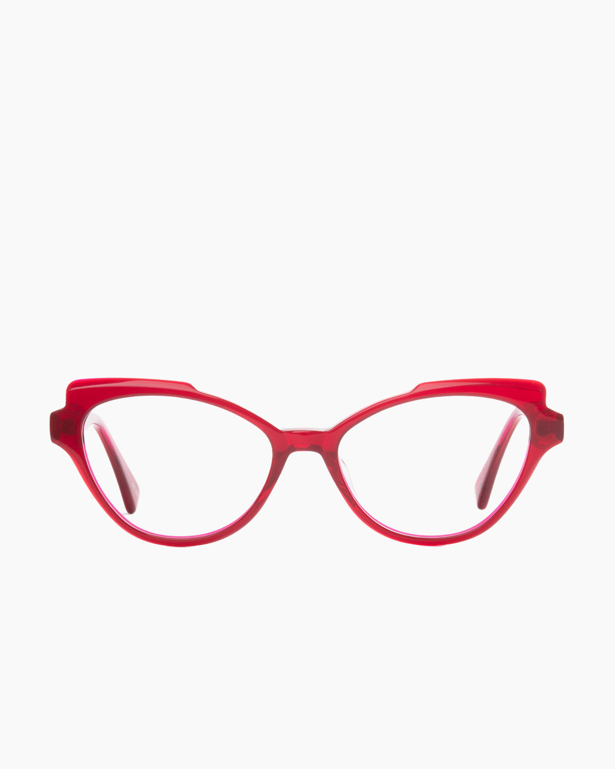 pink plastic cat eyeglasses by Evolve model Natasha, front view, lunettes de vue rose chat