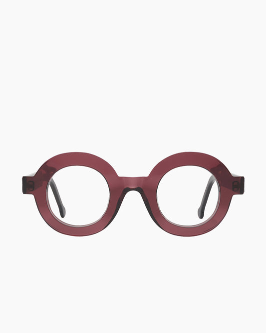 purple plastic round eyeglasses by Marie-Sophie Dion model Lachances, front view, lunettes de vue rond couleur violet