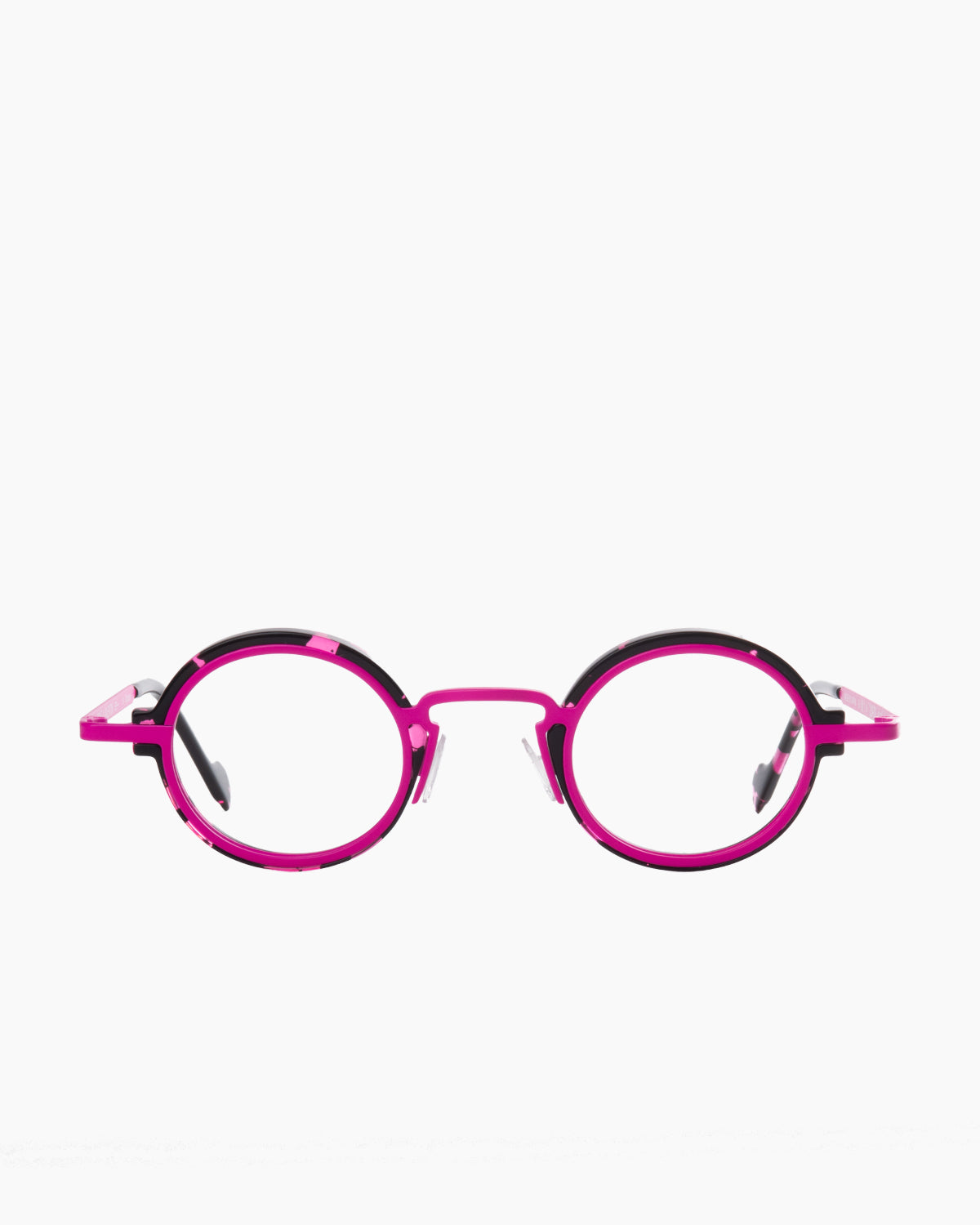 pink metal round eyeglasses by Anne et Valentin model M1, front view, lunettes de vue rond couleur rose