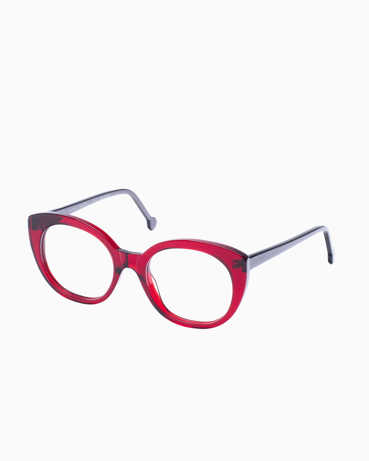 burgundy plastic cat eyeglasses by Marie-Sophie Dion model Monroe, front view, lunettes de vue chat couleur bourgogne