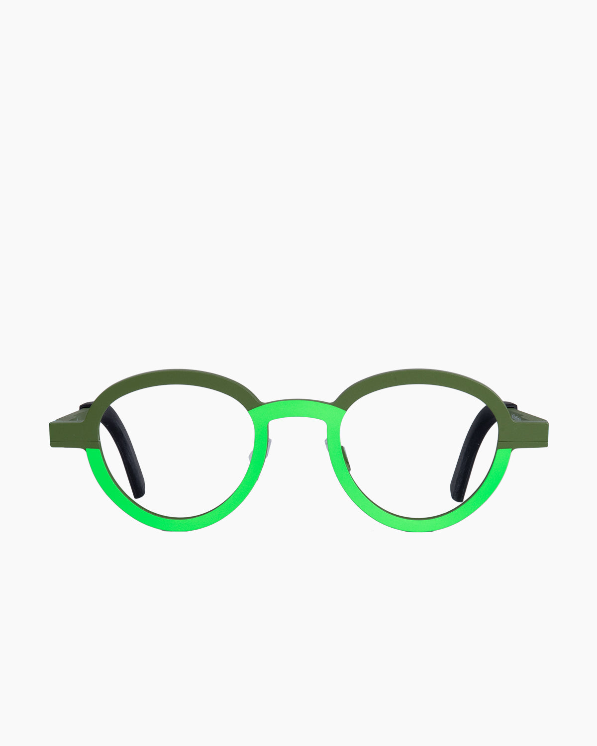 green metal round eyeglasses by theo model collins, front view, lunettes de vue Vert rond