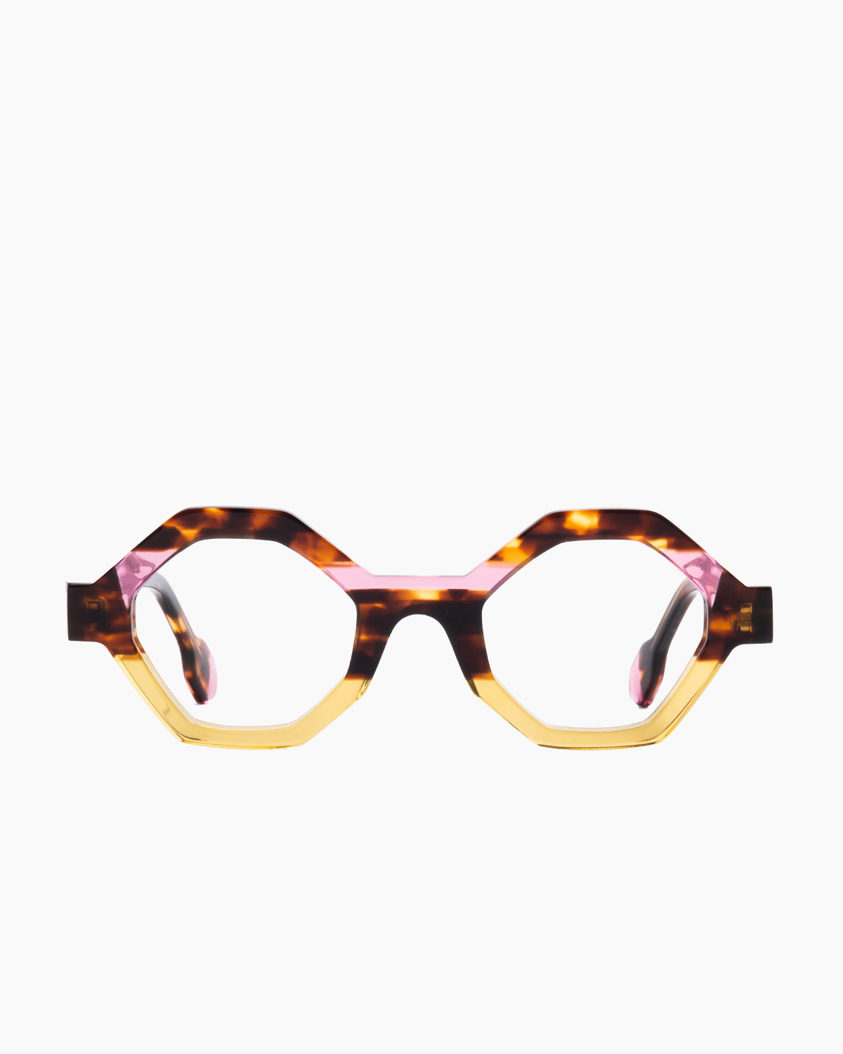 tortoise plastic hexagon eyeglasses by anne et Valentin model haha, front view, lunettes de vue hexagone couleur écaille de tortue