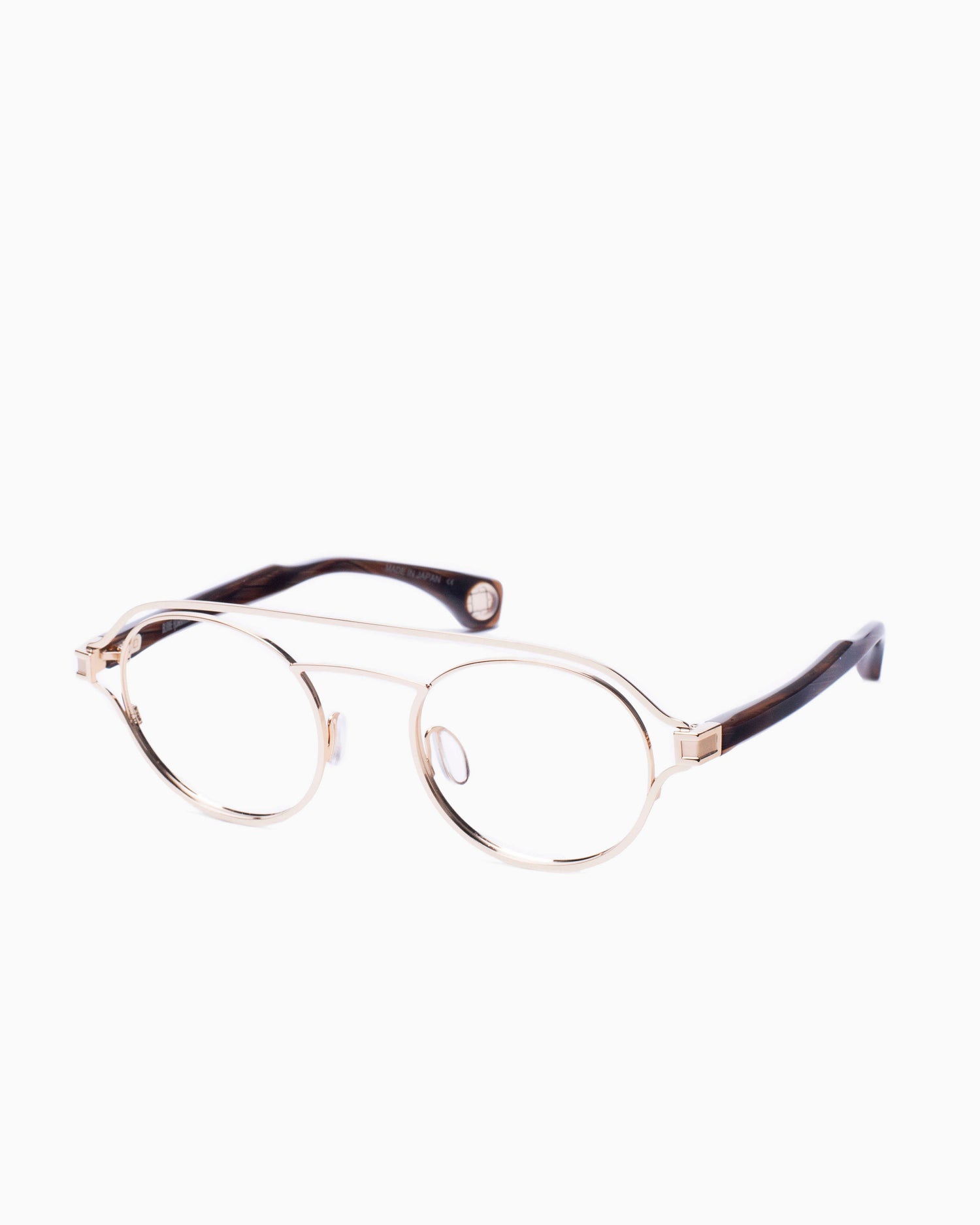 gold metal aviator eyeglasses by Blake Kuwahara model Stirling, front view, lunettes de vue aviateur couleur or