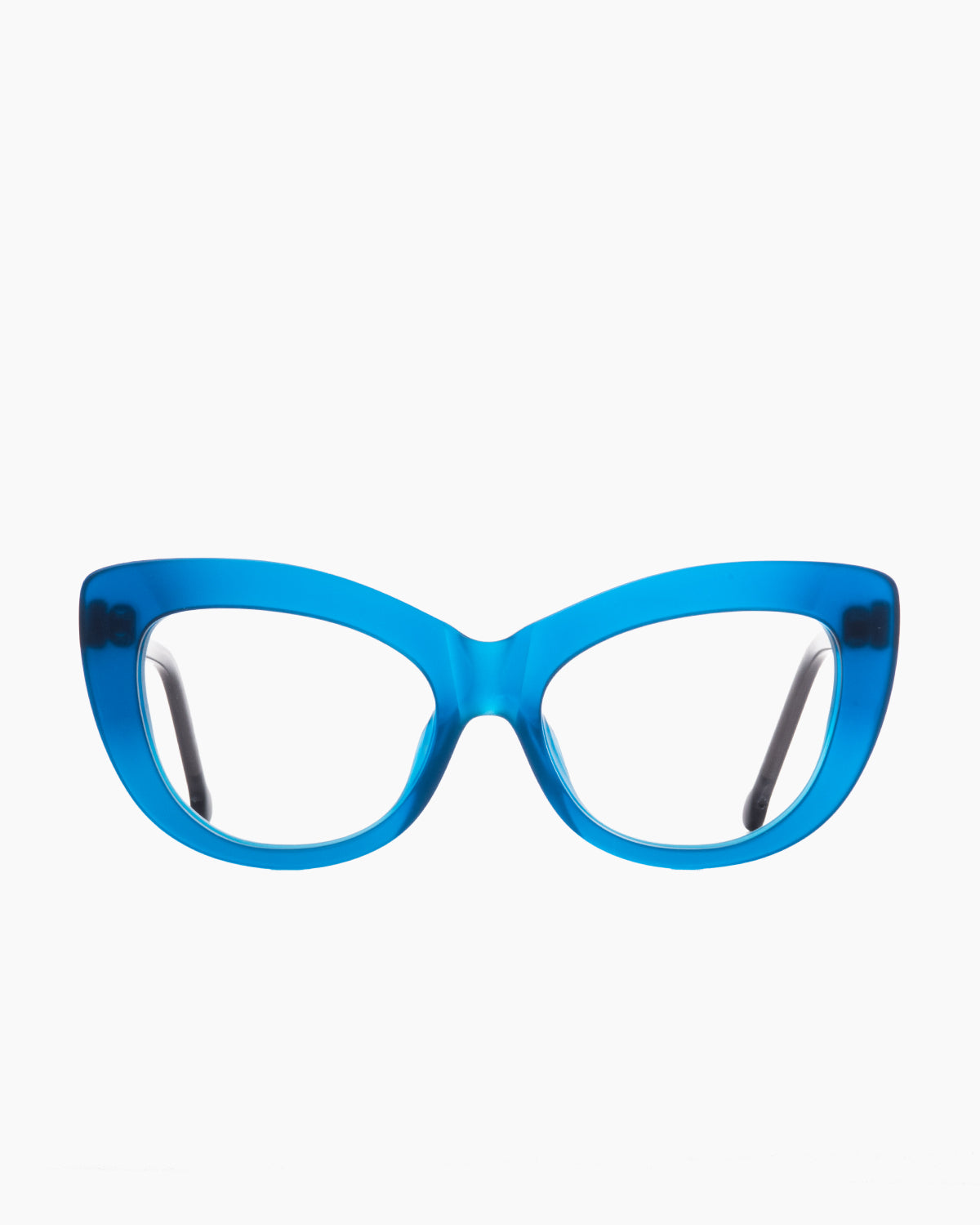 blue plastic cat eyeglasses by Marie-Sophie Dion model , front view, lunettes de vue bleu chat