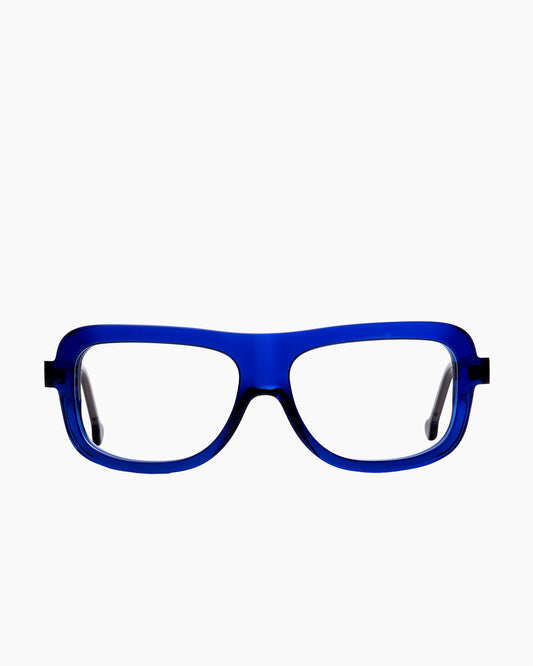 blue plastic rectangle eyeglasses by Marie-Sophie Dion model Lamarche, front view, lunettes de vue rectangle couleur bleu