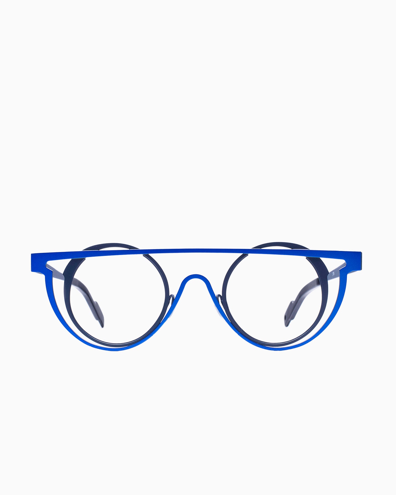 blue metal round eyeglasses by Theo model Sketch, front view, lunettes de vue rond couleur Bleu