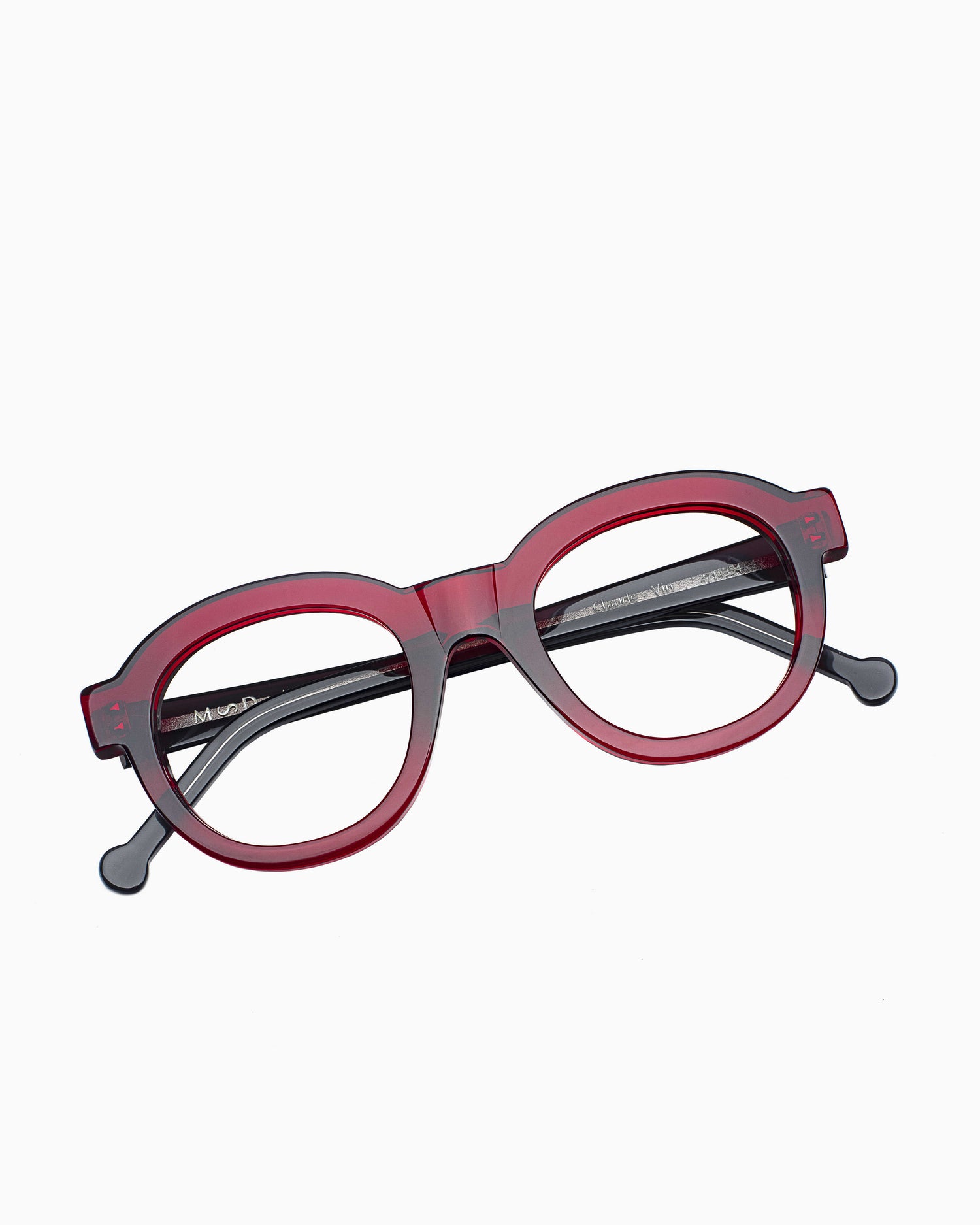 burgundy plastic round eyeglasses by Marie-Sophie Dion model Claude, front view, lunettes de vue rond couleur bourgogne