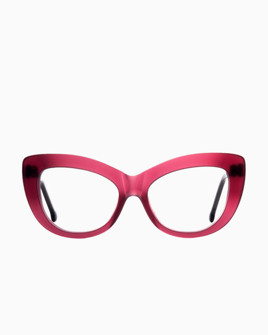 purple plastic cat eyeglasses by Marie-Sophie Dion model Gatsby, front view, lunettes de vue chat couleur violet
