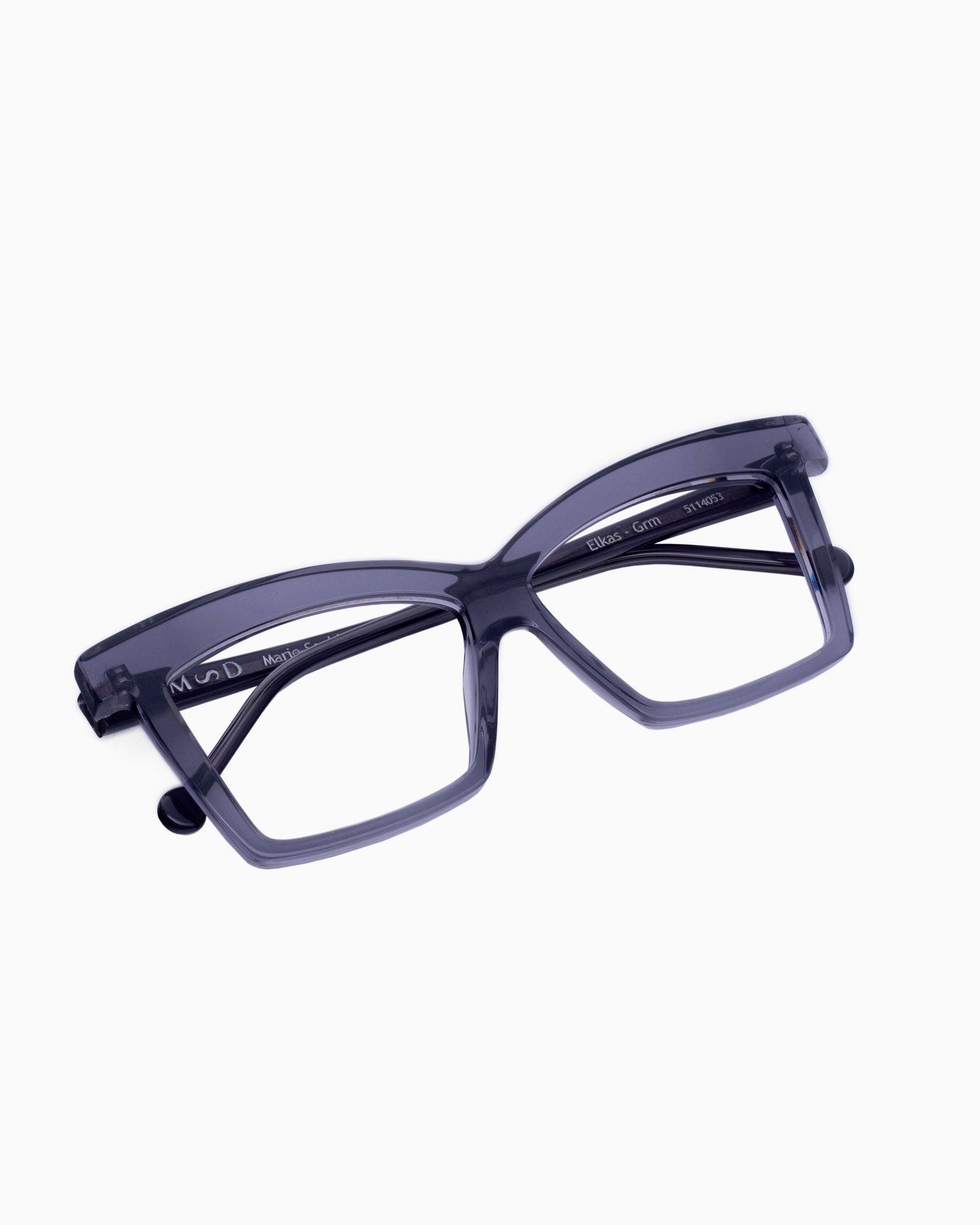 grey plastic butterfly eyeglasses by Marie-Sophie Dion model Elkas, front view, lunettes de vue papillon couleur Gris