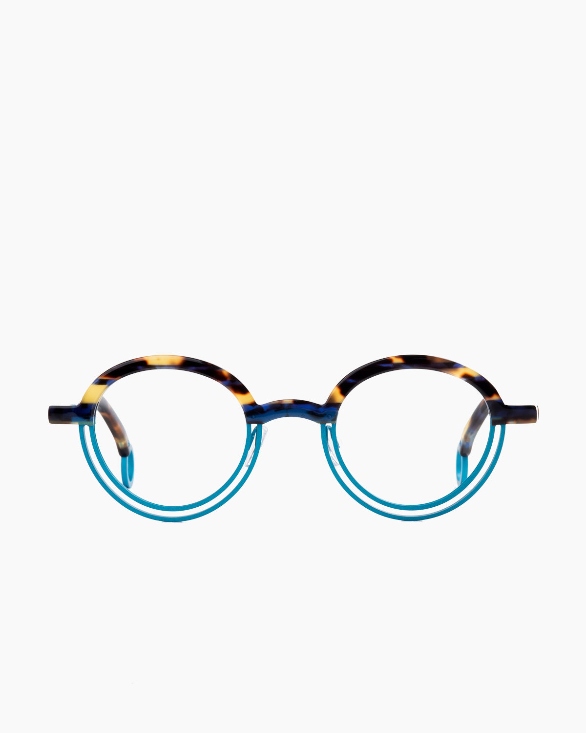blue metal round eyeglasses by Theo model BUMPER, front view, lunettes de vue bleu rond