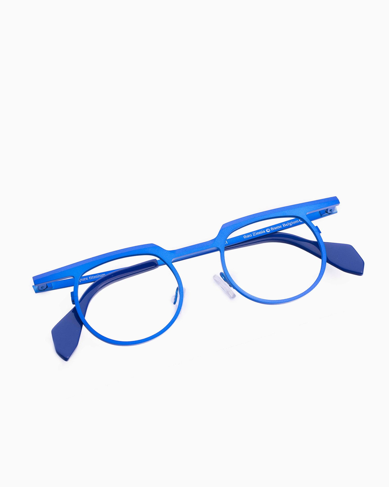 blue metal round eyeglasses by Theo model Zinnia, front view, lunettes de vue Bleu rond