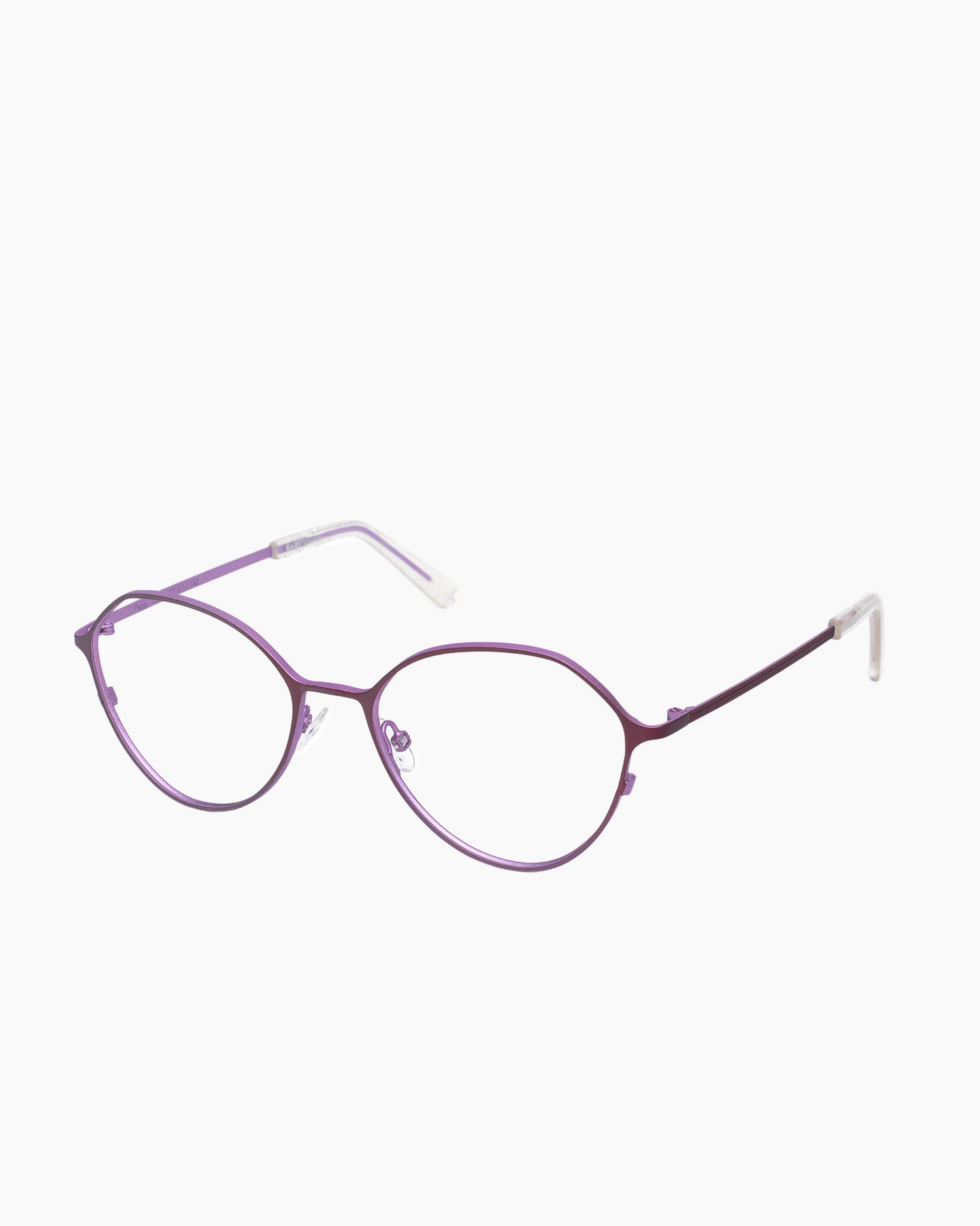 pink metal butterfly eyeglasses by Spectacleeyeworks model Peggy, front view, lunettes de vue Rose papillon