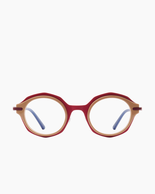 red metal octogon eyeglasses by Bevel model Amoree, front view, lunettes de vue octogone couleur rouge