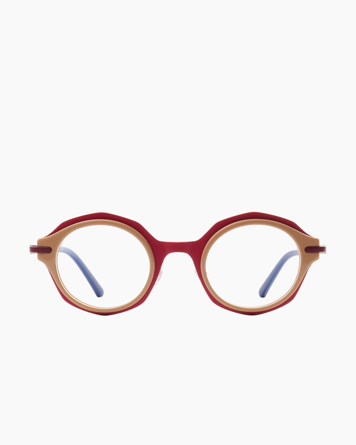 red metal octogon eyeglasses by Bevel model Amoree, front view, lunettes de vue octogone couleur rouge
    >
  </div>
  <button class=