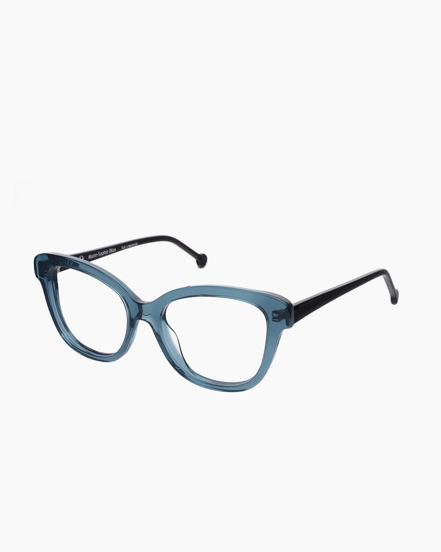 blue plastic butterfly eyeglasses by Marie-Sophie Dion model Lamy, front view, lunettes de vue papillon couleur Bleu