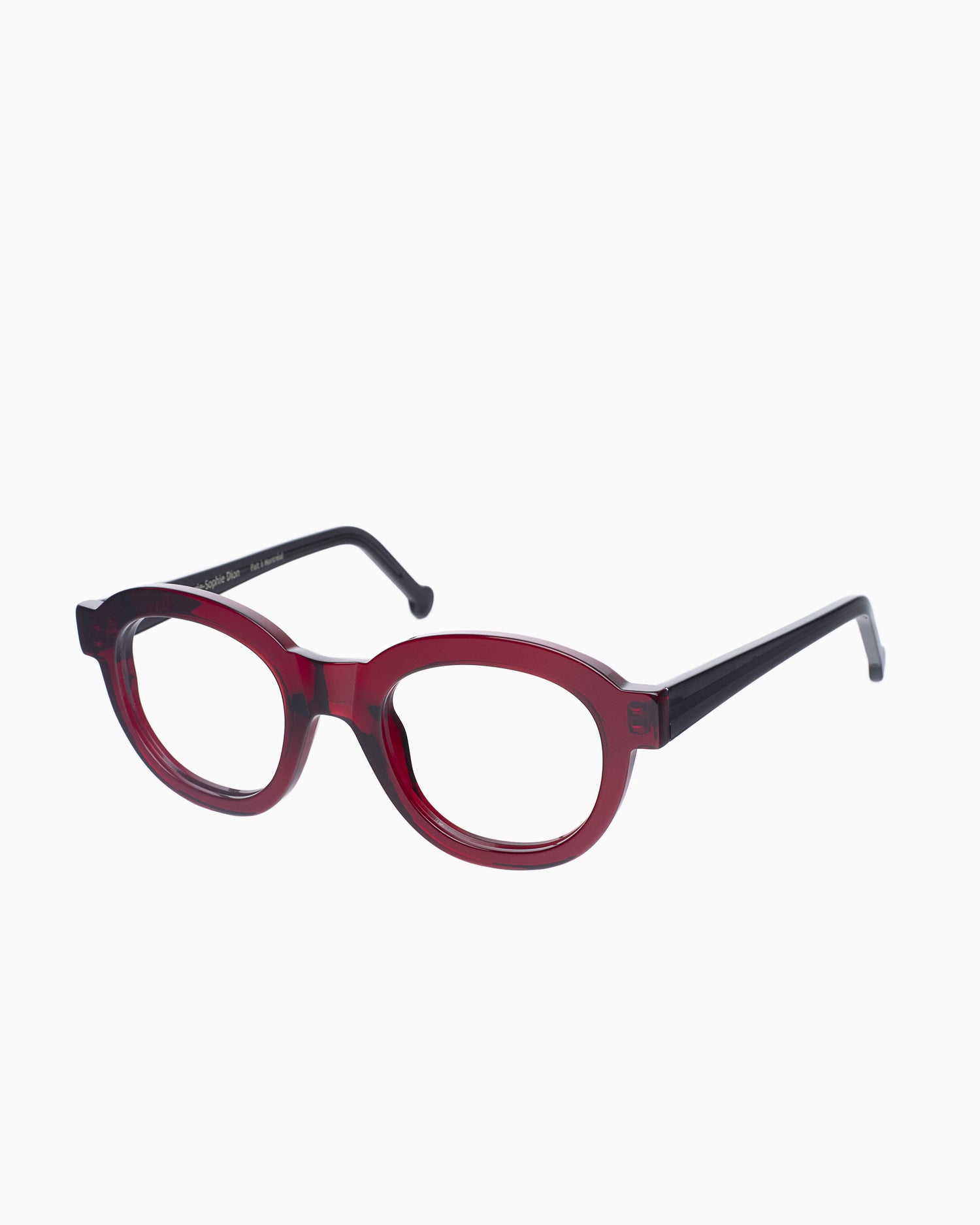 burgundy plastic round eyeglasses by Marie-Sophie Dion model Claude, front view, lunettes de vue rond couleur bourgogne