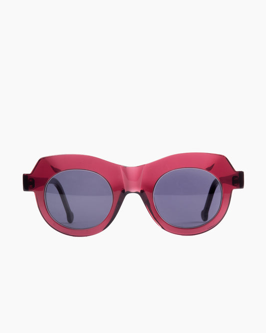 purple plastic round  sunglassesby Marie-Sophie Dion model Latraverse3, front view, lunettes de vue rond couleur violet