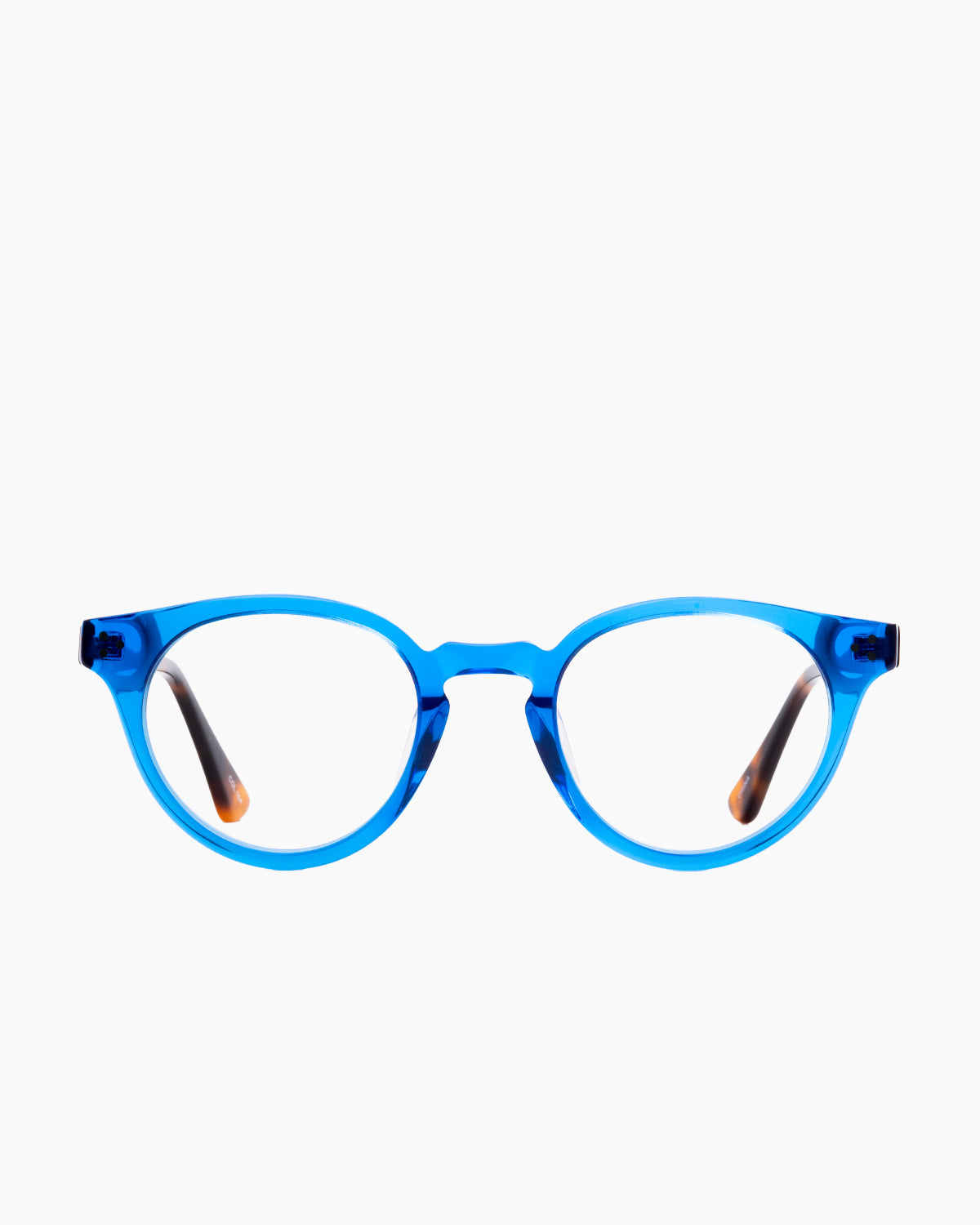 blue plastic round eyeglasses by Evolve model Stills, front view, lunettes de vue bleu rond
