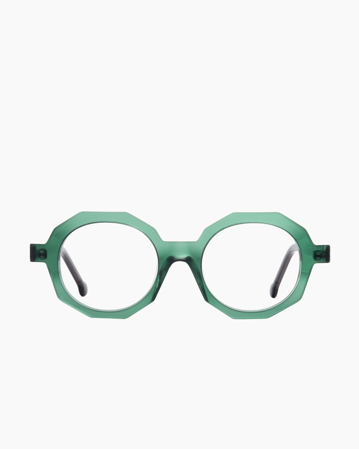 green plastic octogon eyeglasses by Marie-Sophie Dion model Fabi, front view, lunettes de vue octogone couleur vert