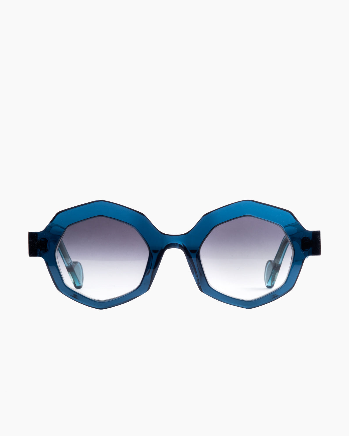 blue plastic octogon  sunglassesby Anne et Valentin model swinton, front view, lunettes de vue bleu octogone