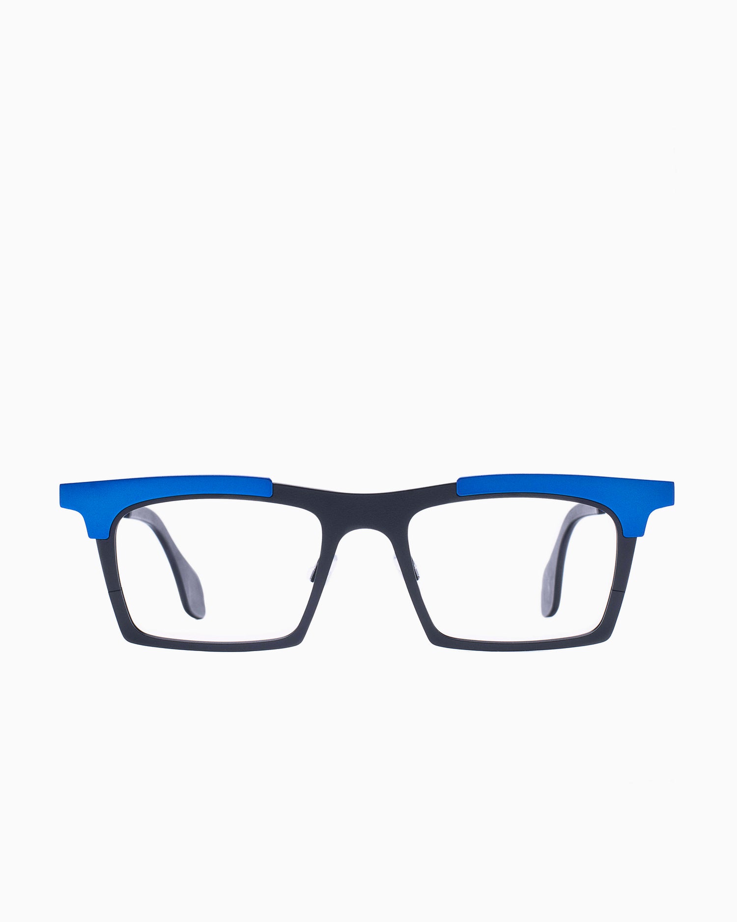 blue metal rectangle eyeglasses by Theo model mille+74, front view, lunettes de vue Bleu rectangle