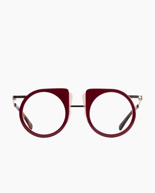 red metal round eyeglasses by Gamine model Flip, front view, lunettes de vue rond couleur bourgogne