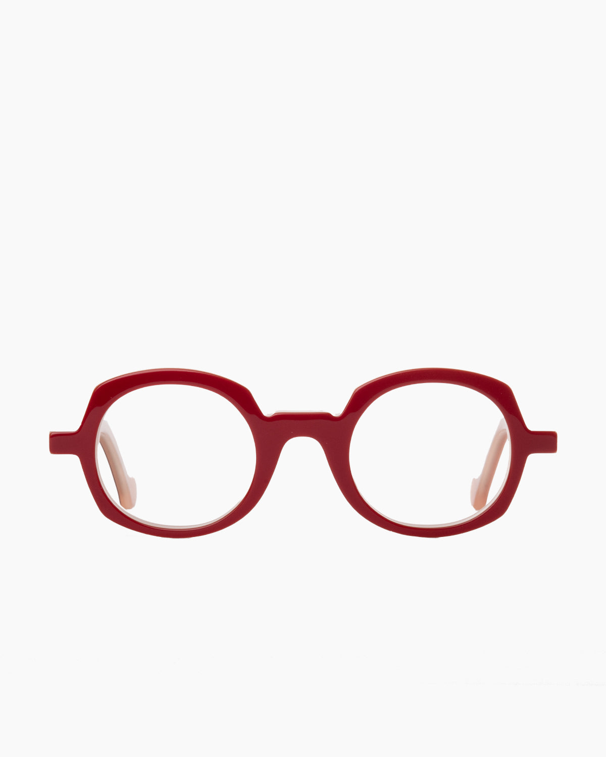 red plastic round eyeglasses by Anne et Valentin model Ada, front view, lunettes de vue rouge rond