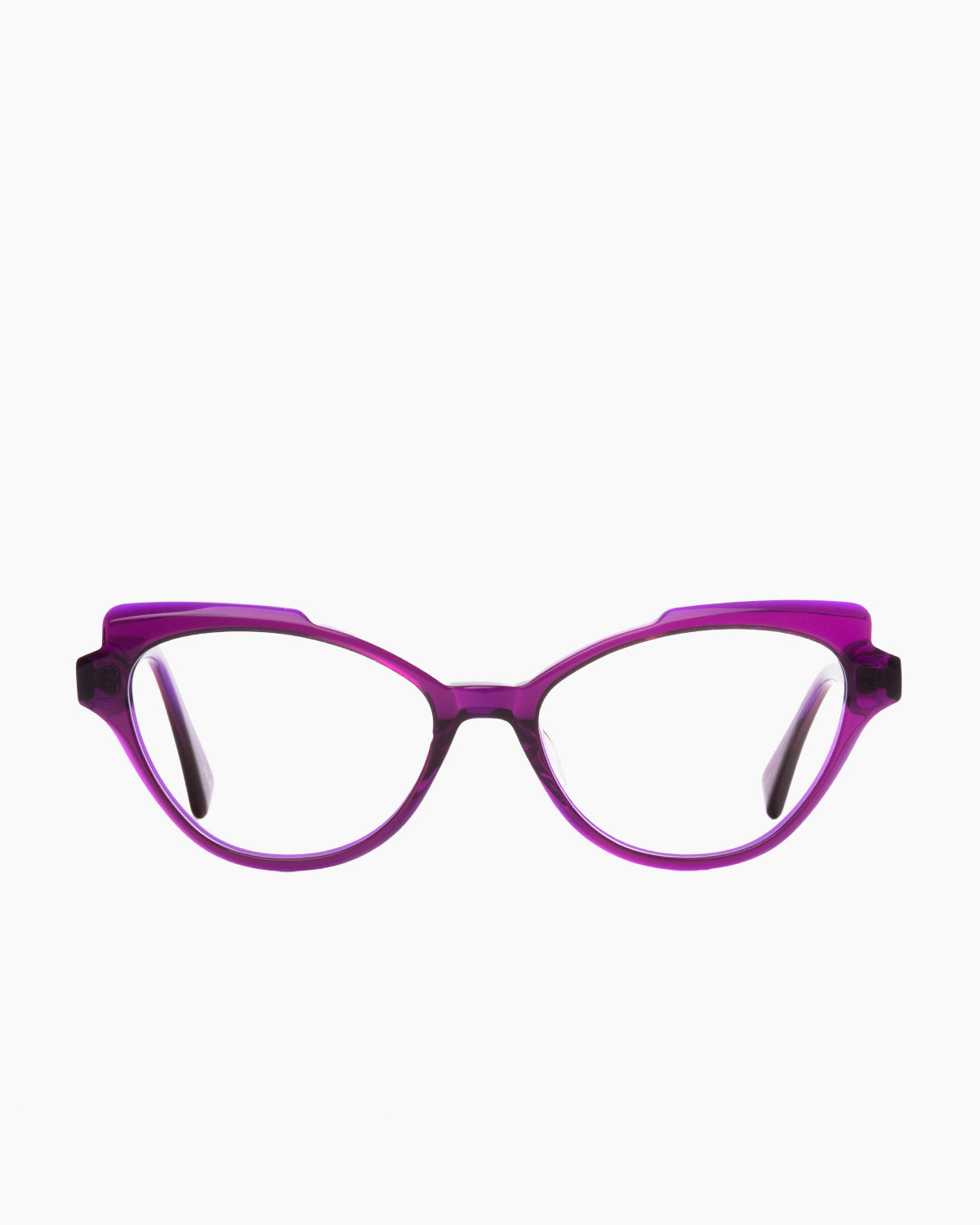 purple plastic cat eyeglasses by Evolve model Natasha, front view, lunettes de vue violet chat