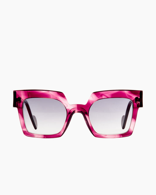 purple plastic hexagon sunglassesby Anne et Valentin model Stone, front view, lunettes de vue hexagone couleur violet