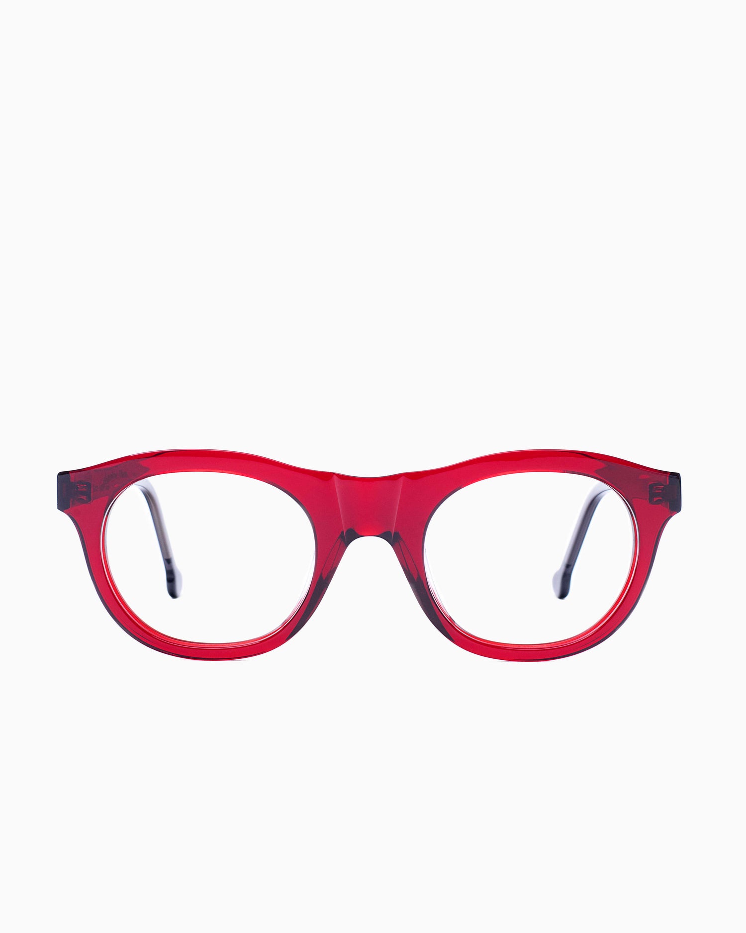 red plastic oval eyeglasses by Marie-Sophie Dion model LEcuyer, front view, lunettes de vue ovale couleur bourgogne