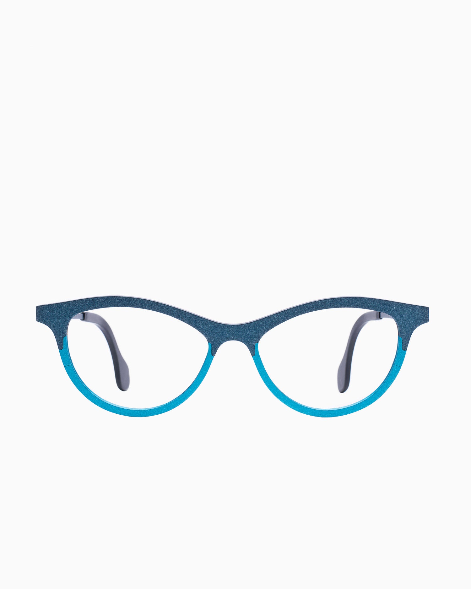 blue metal cat eyeglasses by Theo model mille+53, front view, lunettes de vue chat couleur Bleu