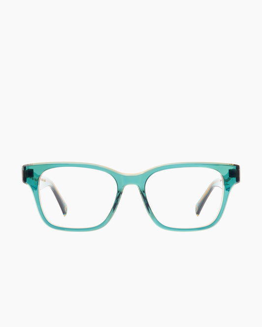 green plastic rectangle eyeglasses by Spectacleeyeworks model Camden, front view, lunettes de vue rectangle couleur vert