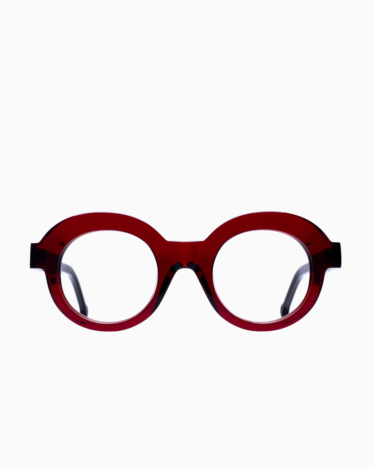 burgundy plastic round eyeglasses by Marie-Sophie Dion model Latraverse1, front view, lunettes de vue rond couleur bourgogne