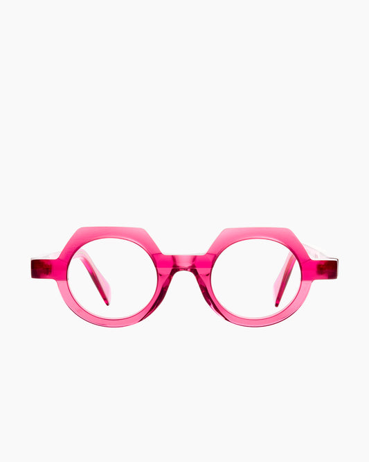 pink plastic round eyeglasses by Anne et Valentin model Rayon, front view, lunettes de vue rond couleur rose