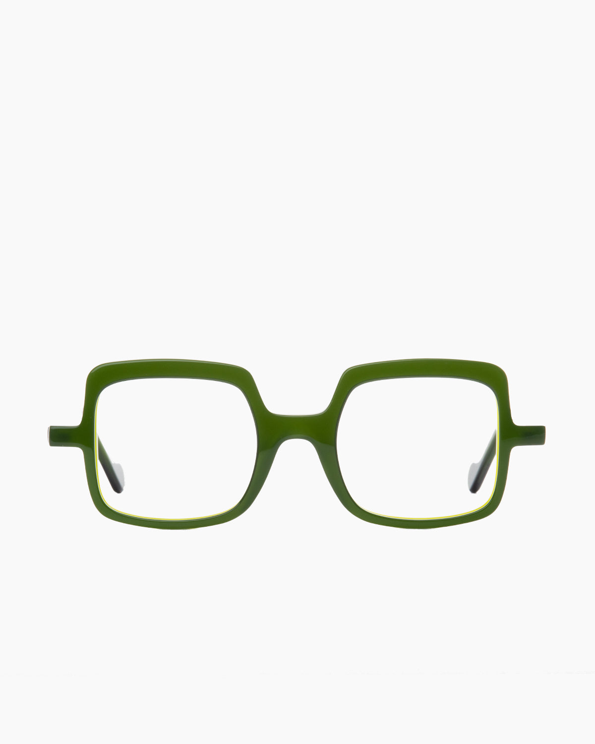 green plastic rectangle eyeglasses by Anne et Valentin model athena, front view, lunettes de vue rectangle couleur vert