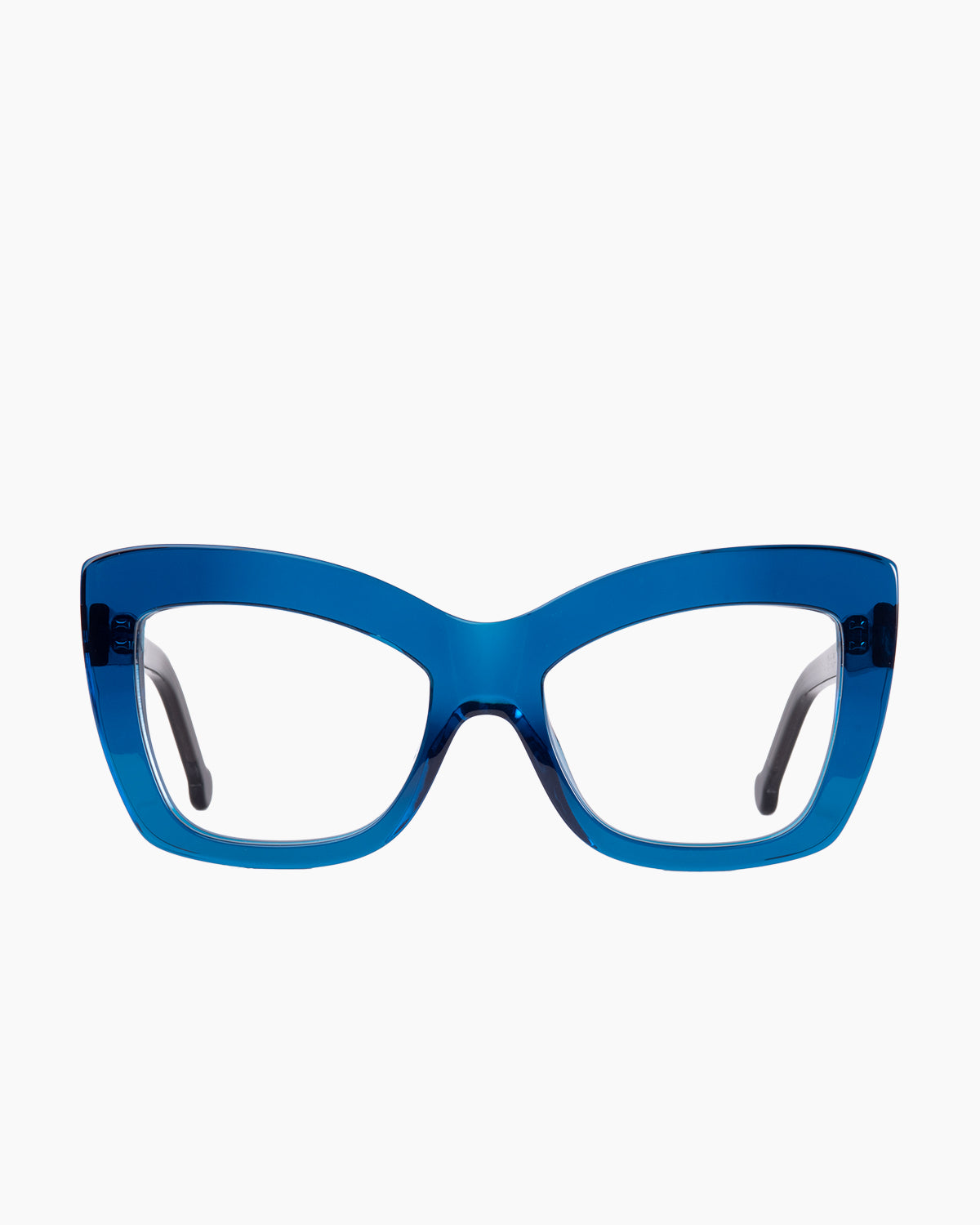 blue plastic butterfly eyeglasses by Marie-Sophie Dion model Harper, front view, lunettes de vue papillon couleur Bleu
