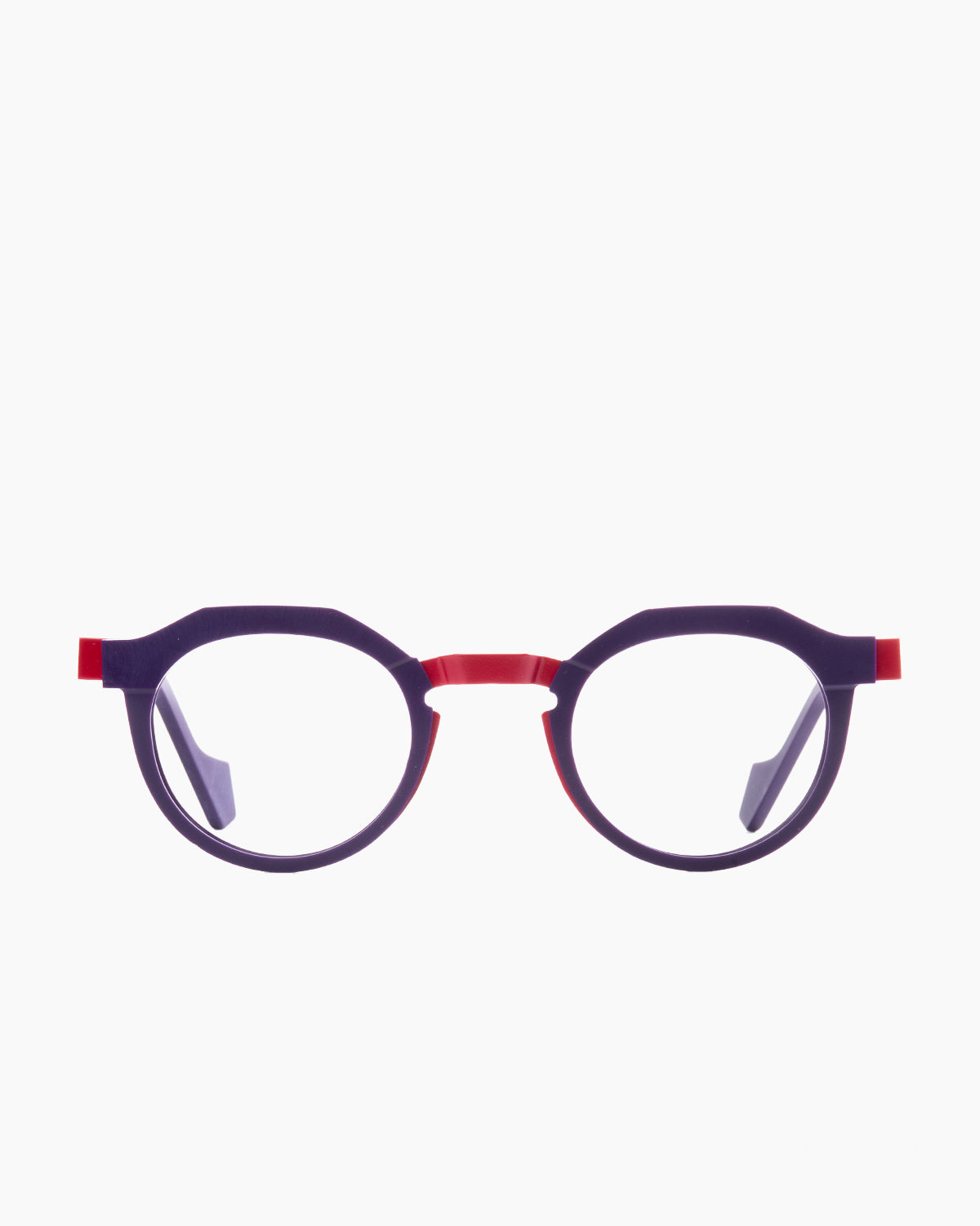 purple metal round eyeglasses by Anne et Valentin model Orson, front view, lunettes de vue rond couleur violet