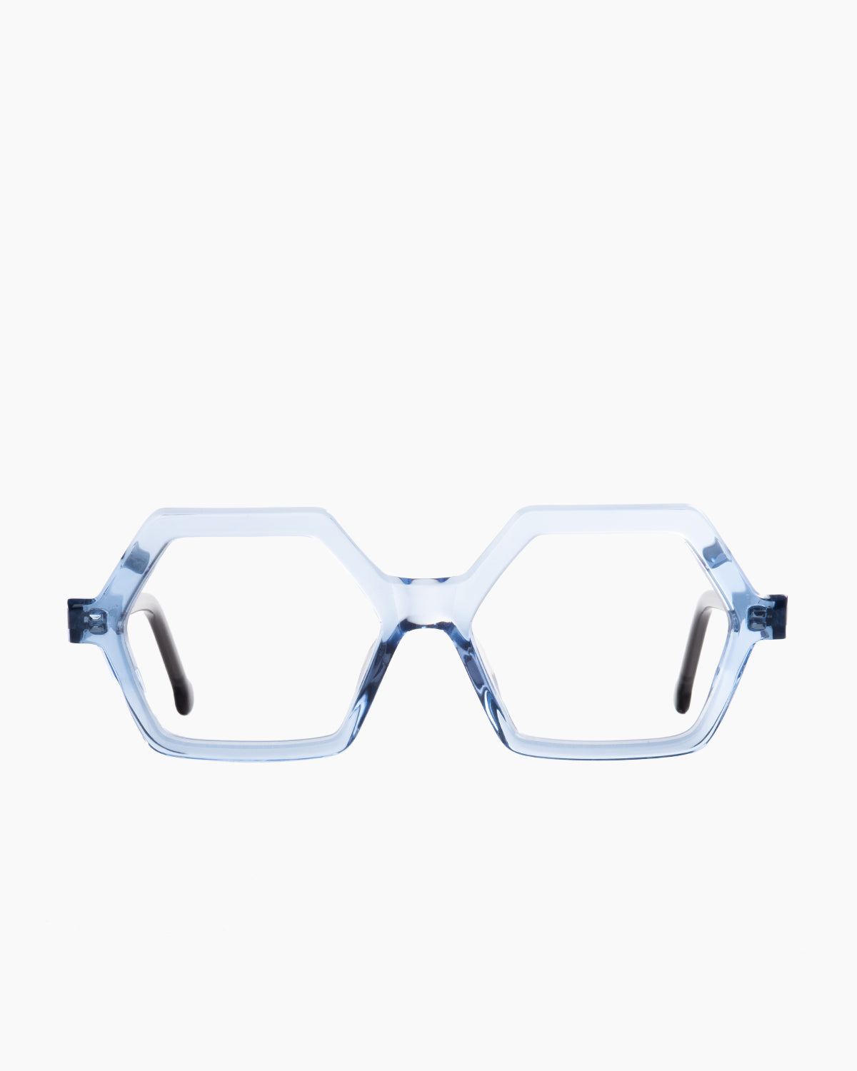 blue plastic hexagon eyeglasses by Marie-Sophie Dion model salsa, front view, lunettes de vue hexagone couleur bleu