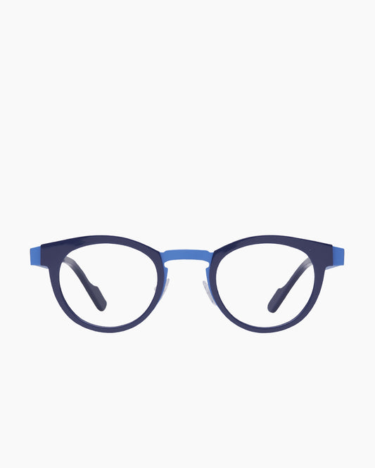 blue metal round eyeglasses by Anne et Valentin model floyd, front view, lunettes de vue rond couleur Bleu