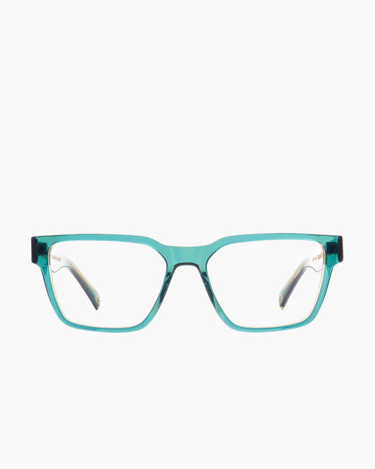 green plastic rectangle eyeglasses by Spectacleeyeworks model Rumi, front view, lunettes de vue rectangle couleur vert