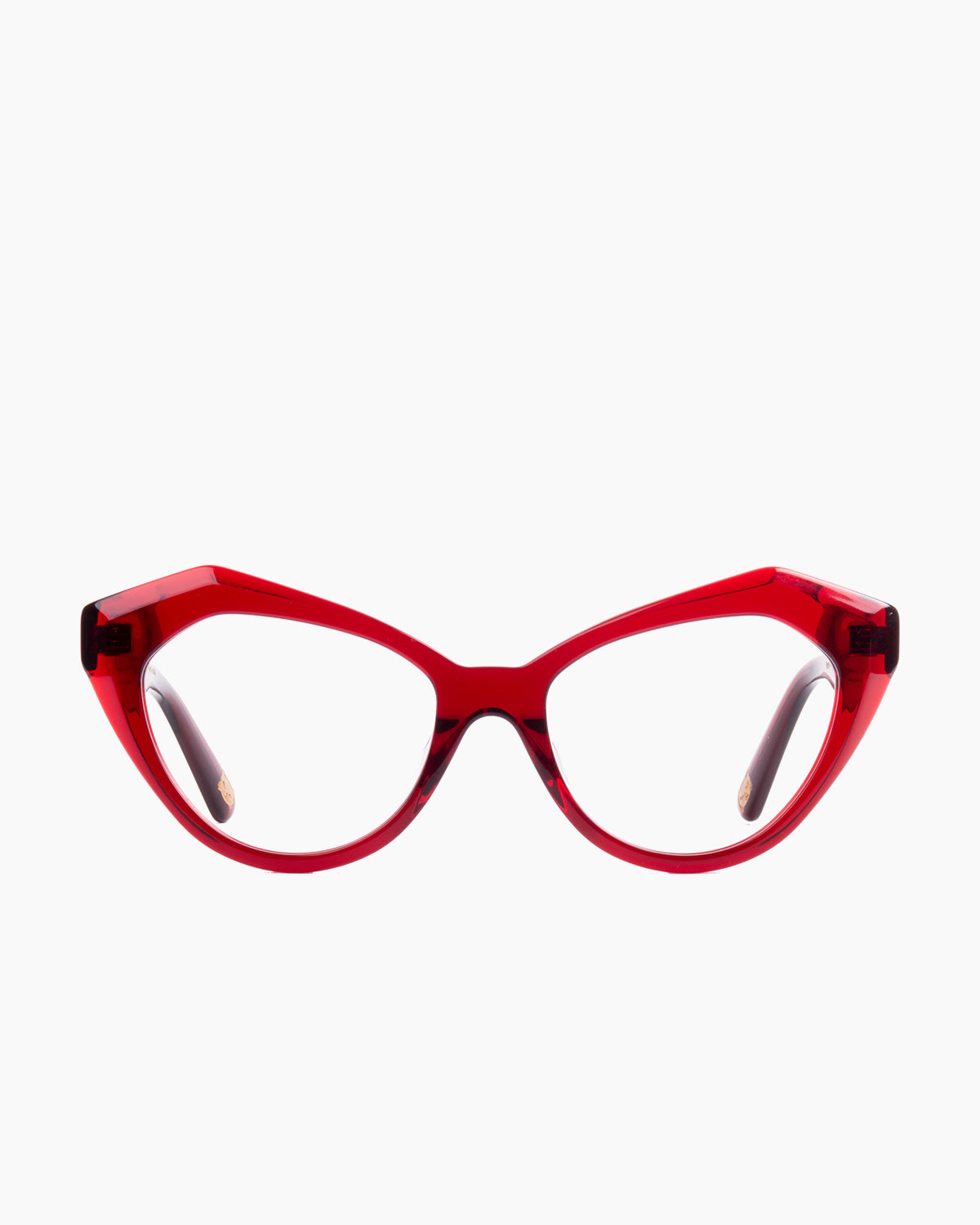 red plastic cat eyeglasses by Spectacleeyeworks model Ayalah, front view, lunettes de vue rouge chat