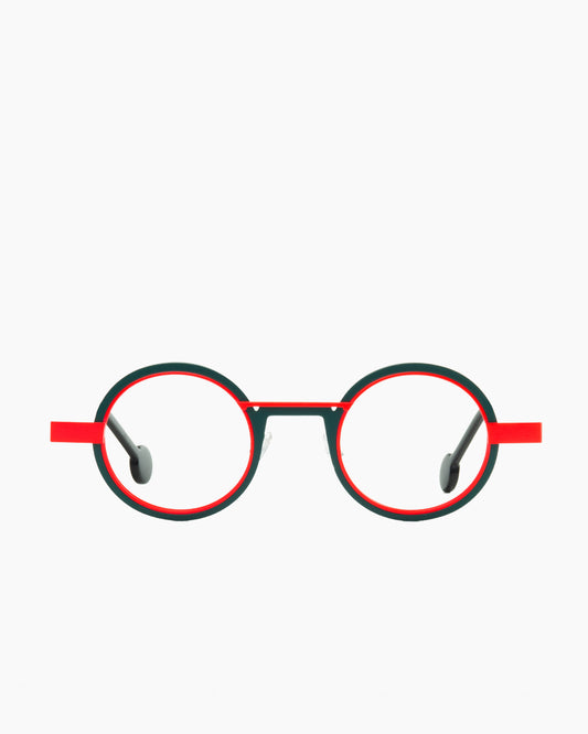 orange metal round eyeglasses by Anne et Valentin model wellok, front view, lunettes de vue rond couleur orange