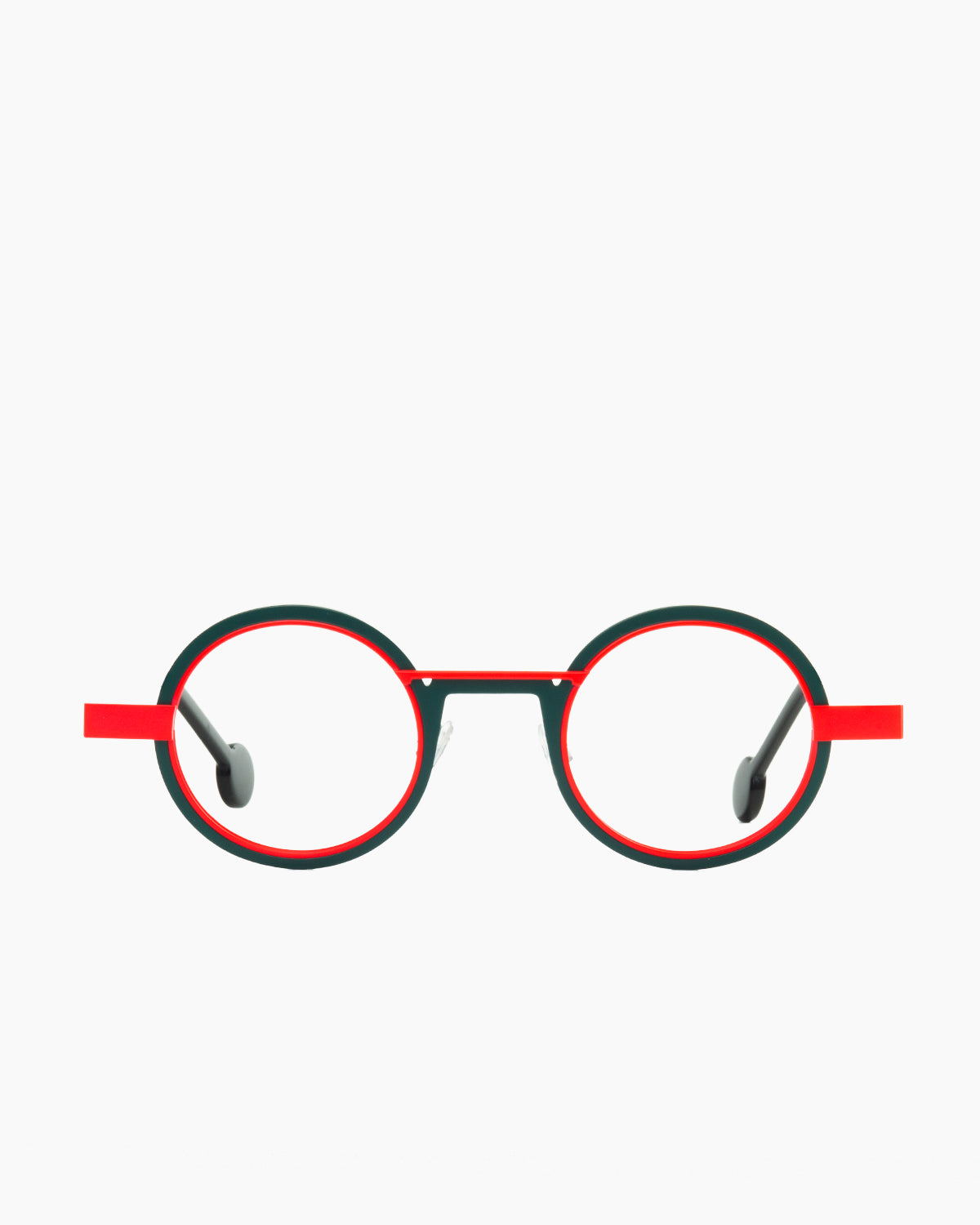orange metal round eyeglasses by Anne et Valentin model wellok, front view, lunettes de vue rond couleur orange