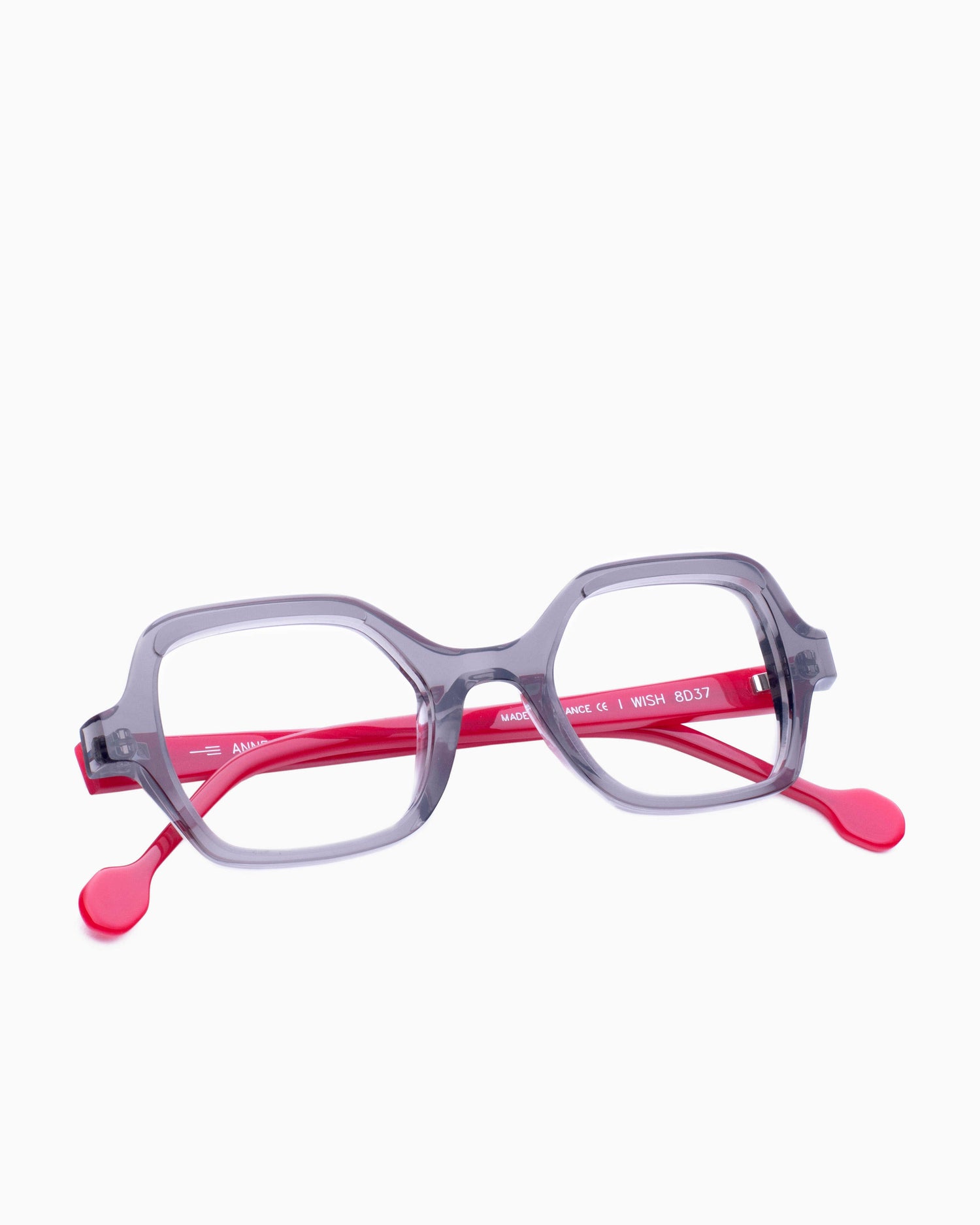grey plastic butterfly eyeglasses by Anne et Valentin model Iwish, front view, lunettes de vue Gris papillon