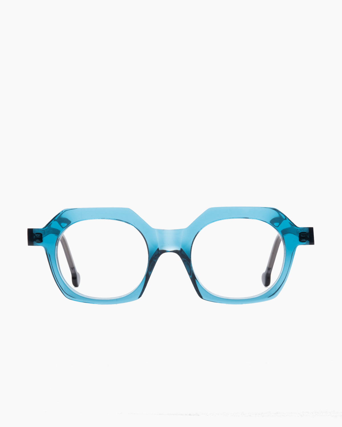 blue plastic round eyeglasses by Marie-Sophie Dion model Beaudoin, front view, lunettes de vue Bleu rond